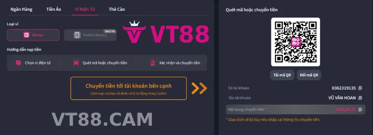 Cách nạp tiền dễ dàng và tiết kiệm thời gian 2 Nạp tiền VT88 qua ví điện tử
