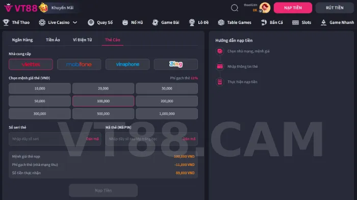 Cách nạp tiền dễ dàng và tiết kiệm thời gian 3 nap tien vt88 the cao