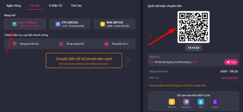 Cách nạp tiền dễ dàng và tiết kiệm thời gian 4 Nạp tiền VT88 bằng tiền ảo