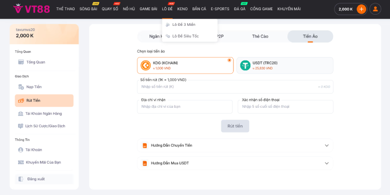 Rút tiền VT88 mất bao lâu? Giải đáp từ A_Z 4 Rút tiền VT88 qua tiền ảo (usdt)